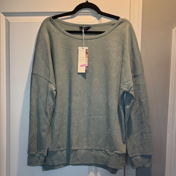 Womens Oversized Waffle Knit Crewneck Sweatshirts Side Slits Casual Pullover Top - Picture 2 of 7